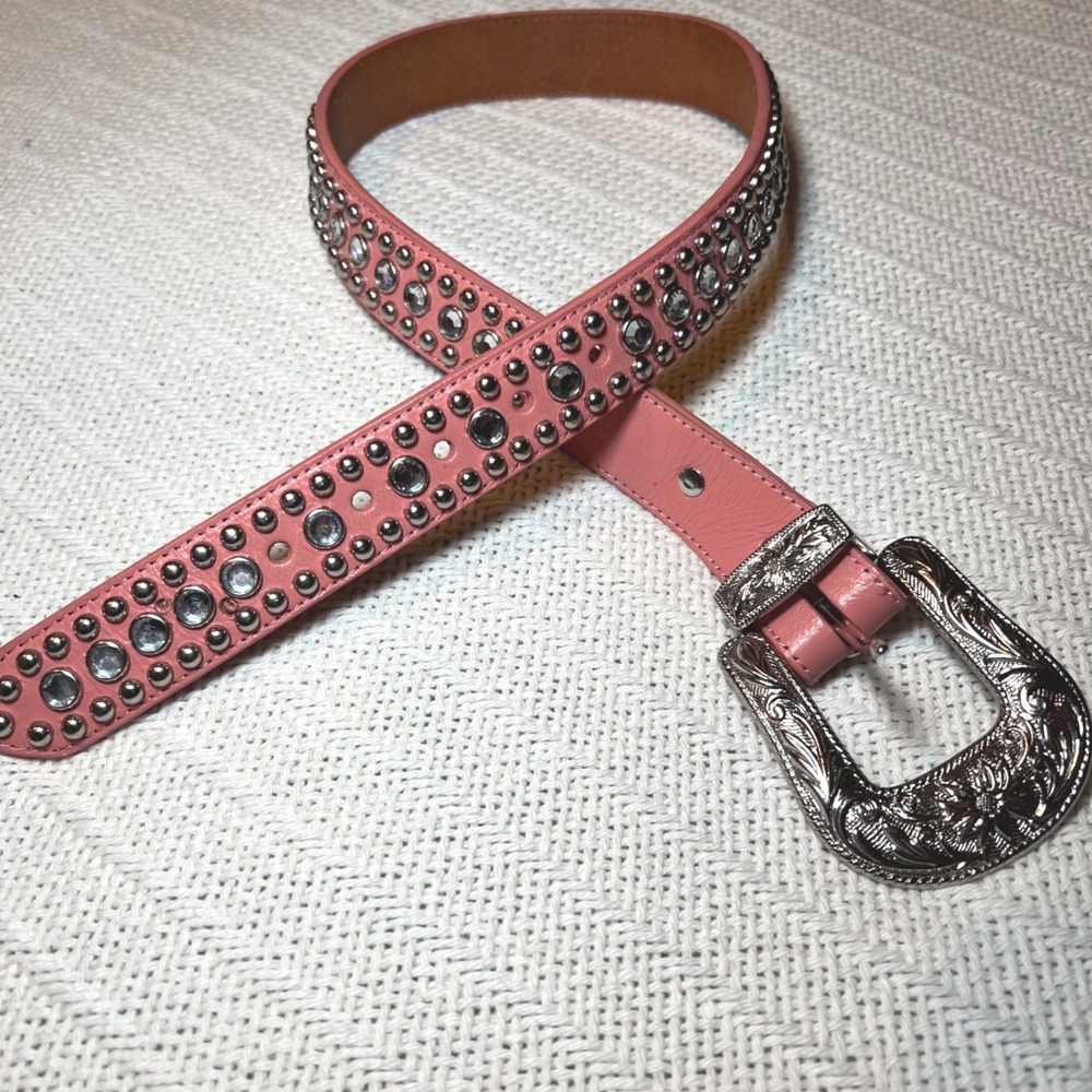 3D Belt Co Pink Leather Western Studded Rhinestone Belt Floral Buckle Size 26